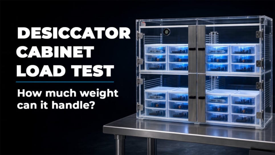 Plastic desiccator cabinet load test with incremental weight added to show construction strength
