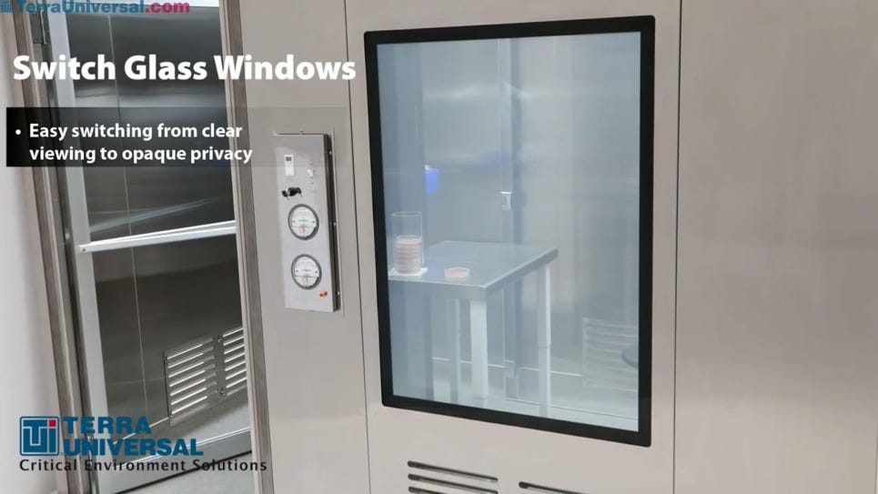 Video demonstrates the switch from opaque glass to clear for privacy or viewing purposes