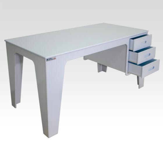 White polypropylene work station with 3 integrated drawers on left side
