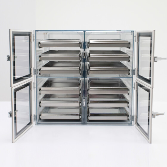 Semiconductor desiccator cabinet with faraday cage design and sliding trays