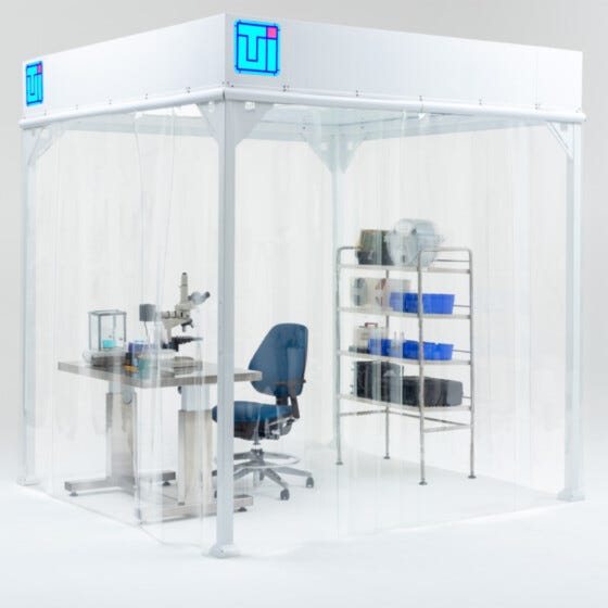 Softwall Cleanroom Enclosure with Microscope Workstation Chair and Stainless Steel Storage Shelves