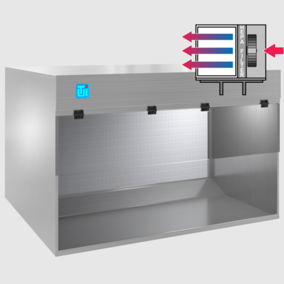 render of fully stainless steel universal benchtop horizontal laminar flow hood with illustarion of horizontalflow hood in top right corner