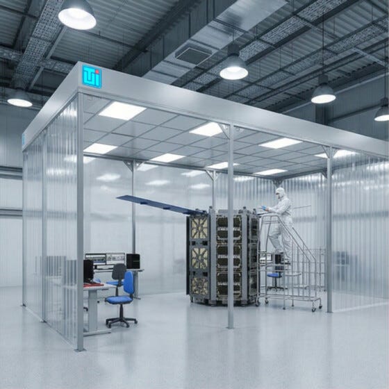 Cleanroom render with a centered satellite spacecraft and person size reference
