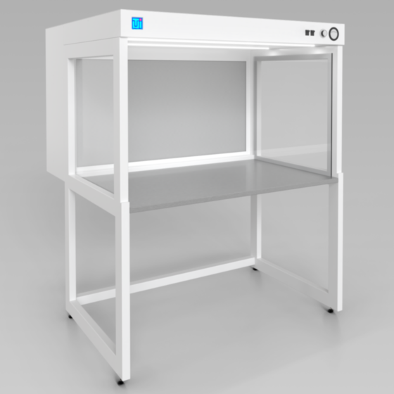 render of a powder coated steel horizontal laminar flow hood with  frame and work surface