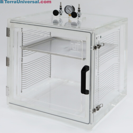 Clear acrylic vacuum desiccator cabinet with interior shelving