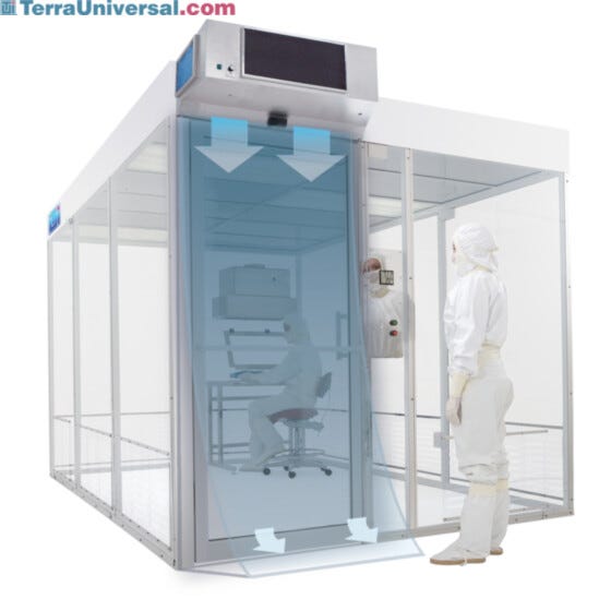 Illustration of high-velocity air curtain stream installed in cleanroom entryway