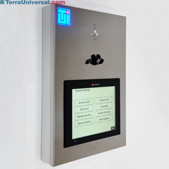 Cleanroom control panel with touchscreen and automated environmental monitoring and control