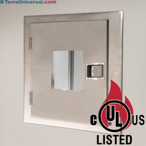 Fire-Rated Pass-Through Chamber; stainless steel, with window and concealed door interlock