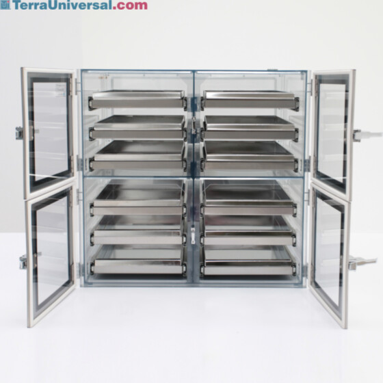Semiconductor desiccator cabinet with faraday cage design and sliding trays