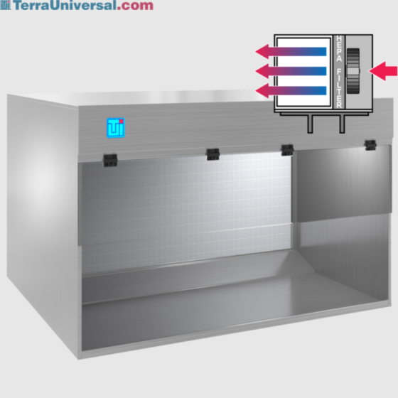 render of fully stainless steel universal benchtop horizontal laminar flow hood with illustarion of horizontalflow hood in top right corner