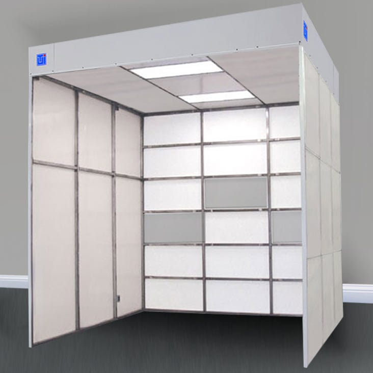Walk-in negative pressure cleanroom with horizontal airflow for benchtop and wall adjacent fume containment