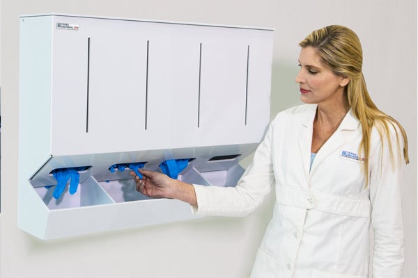 BioSafe® polypropylene glove dispensers  allow easy access to loose gloves and supplies