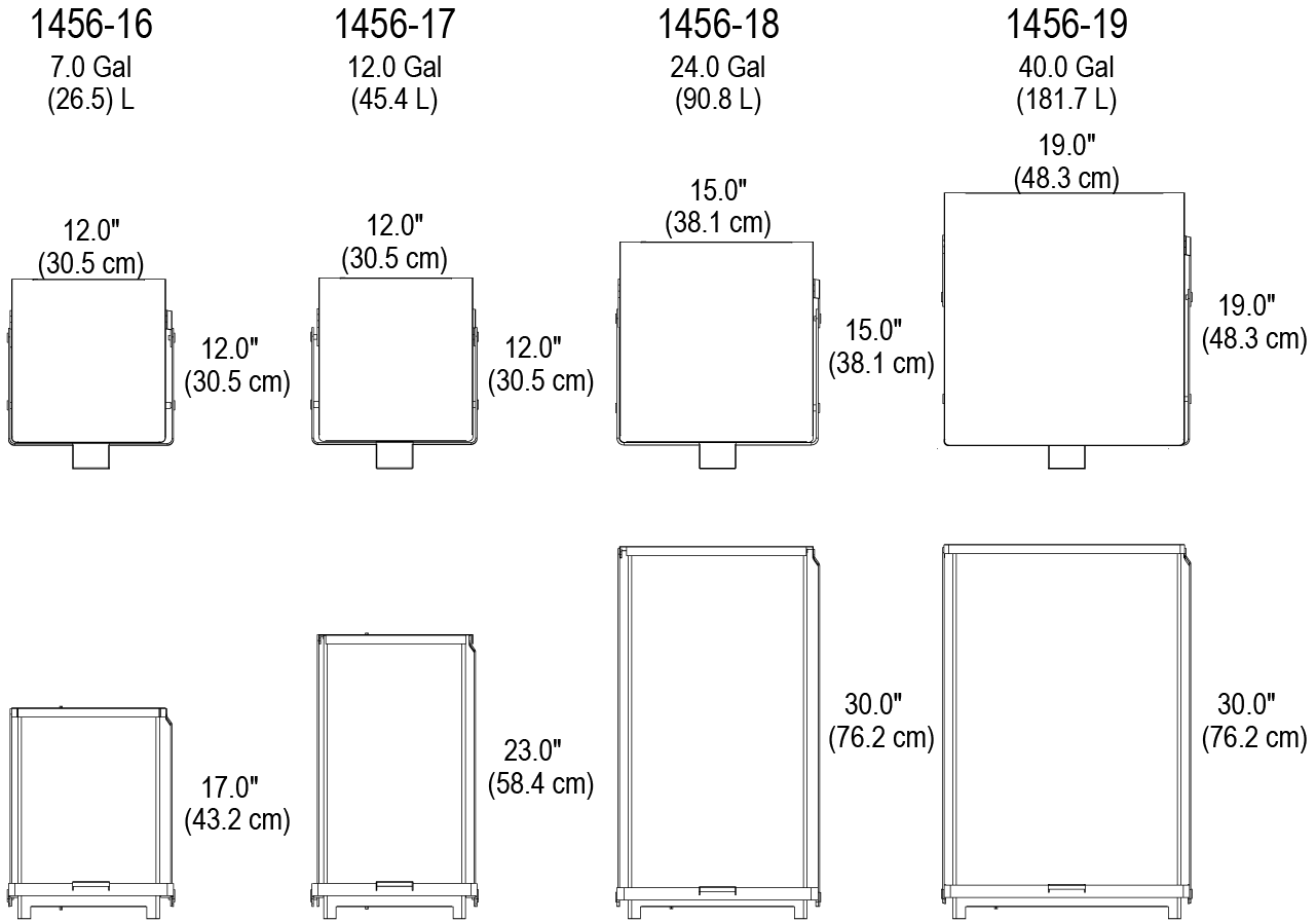 Size chart for stainless steel and polypropylene waste receptacles