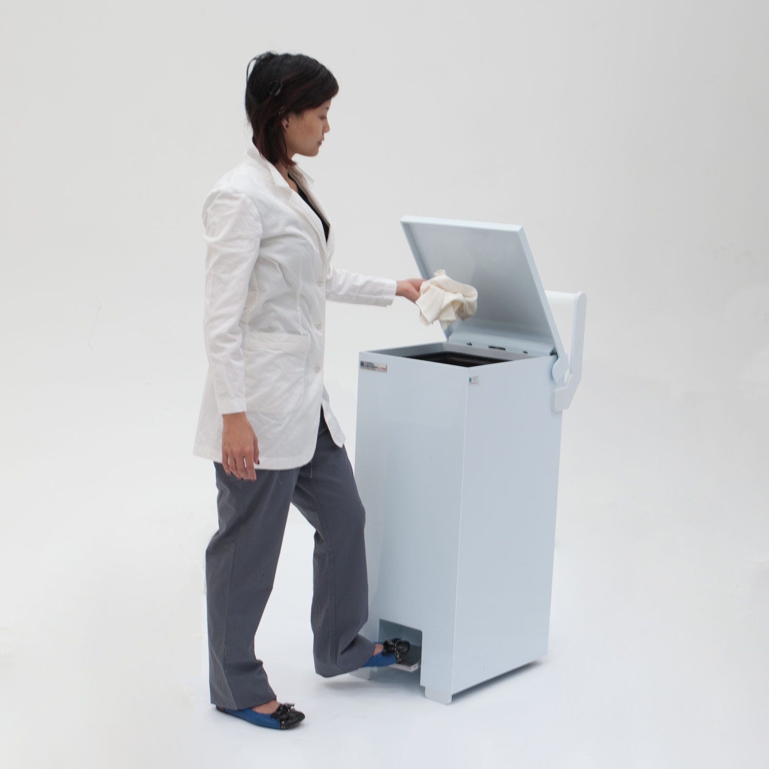 White BioSafe Waste Receptacle With Foot Pedal & Wheels