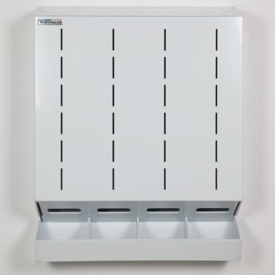 Wall mount 4-chamber glove dispenser in polypropylene with built-in catch basin and hinged top  |  4952-14A displayed