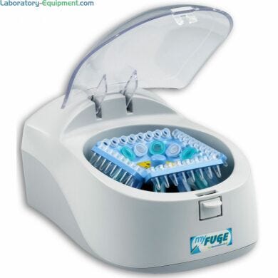 Benchmark’s myFuge 12 centrifuge with the COMBI-rotor that holds microtubes and PCR strips simultaneously  |  2825-00 displayed
