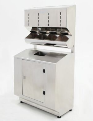 4 Compartment Stainless Steel Glove Dispenser with Waste Bin | 4951-39A-2 displayed