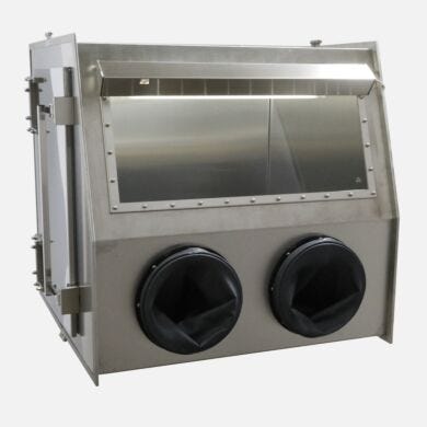 Series 400 Stainless Steel 2-Port Glove Box shown with optional side access door and neoprene gloves  |  1694-13B displayed