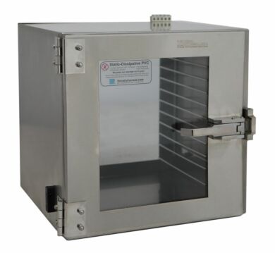 Series 100 single chamber desiccator cabinet shown with a 304 Stainless Steel body and Static Dissipative PVC window.  |  1610-34A displayed