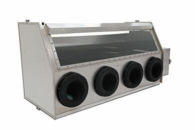 Stainless Steel 4-Port Series 300 Glove Box Isolator includes a front tempered glass window and externally mounted light (shown with optional gloves and air loc | 1694-02C displayed
