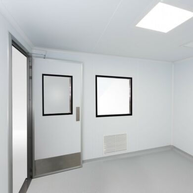 Flexible and scalable cleanroom design accommodates utility connections, such as compressed gas, vacuum, plumbing, phone and Ethernet lines