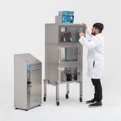 Series 400 three chamber stainless-steel desiccator cabinet provides multi-chamber humidity control  |  1609-02BNP displayed