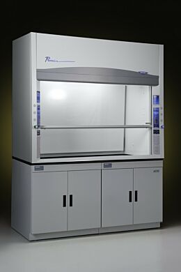 Eight foot Protector Premier laboratory fume hoods by Labconco shown with optional storage cabinets  |  3649-36 displayed