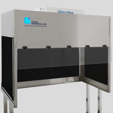 BioSafe® benchtop vertical laminar flow hood with opaque black acrylic panels to block ambient light; front shield is transparent static-dissipative PVC | 1688-BA-4830 displayed
