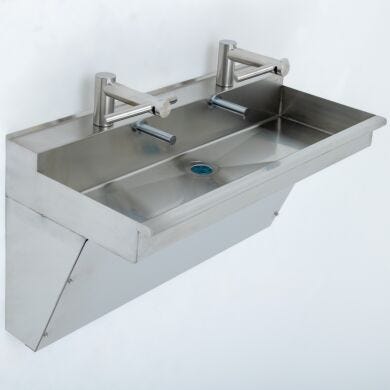BioSafe® ADA compliant wall-mount sink featuring stainless steel finish faucet and two high-speed drying airblade faucets  |  1373-65 displayed