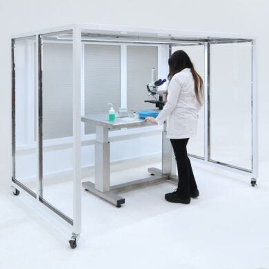 Portable horizontal CleanBooth, three-sided hardwall enclosure, laminar flow of HEPA-filtered air with custom dimensions