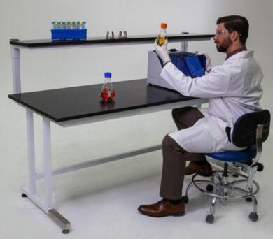 Shelf shown with optional support uprights and work station.  |  1527-01 displayed
