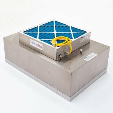 All-SS Room-Side Replaceable WhisperFlow® Fan Filter Unit allows fast filter servicing without a cleanroom shut-down; all-stainless steel construction