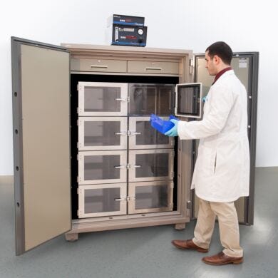 Steel safe holds 8-chamber SDPVC desiccator, secure double doors self-lock; interior has two locking drawers  |  6500-22 displayed