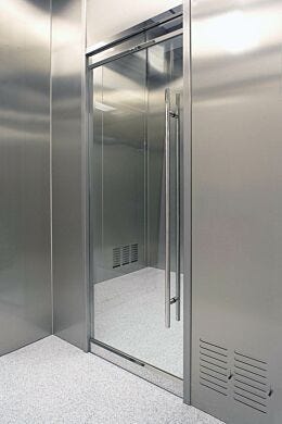 Frameless all-glass cleanroom doors are configured to easily install to either Terra’s modular cleanrooms or traditional brick-and-mortar (