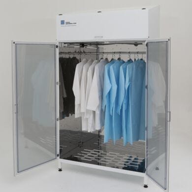 Large UV cabinet with mirrored stainless steel interior and hanger rod; HEPA filtration system is mounted on top, a perforated bottom allows for laminar airflow  |  4101-15C-UV displayed