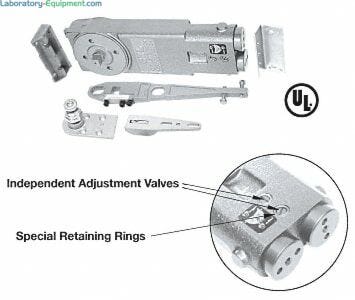 Overhead concealed door closer for all-glass cleanroom door; includes 2 valves to adjust closing speed and latch speed; includes bottom pivot set  |  6712-81 displayed
