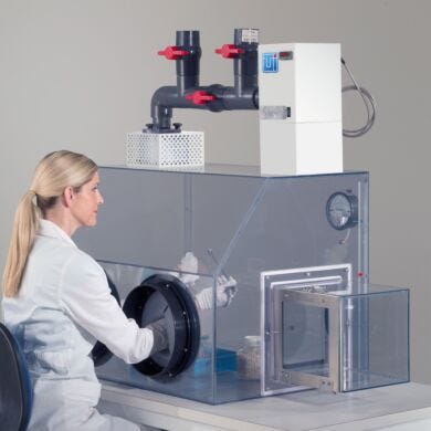 Adjustable airflow glove box provides open- or closed-loop filtration (single-pass or recirculation); shown in recirculation mode