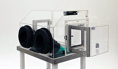 Smart® inert atmosphere polycarbonate glove box maintains inert environment for pharmaceutical packaging; transparent, durable, chemical resistant | 3305-33A displayed