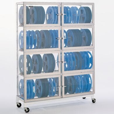 Eight chamber acrylic Vertical Storage desiccator cabinet shown with optional  stand (reels not included)  |  4014-00B displayed