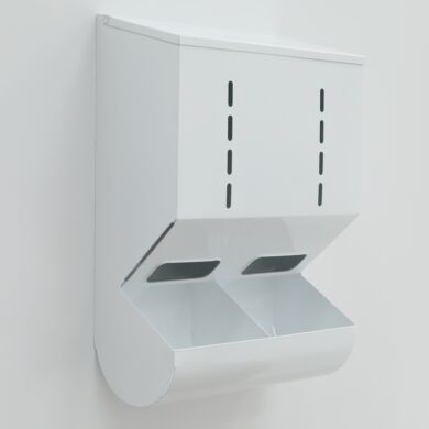 Wall-mounted, gravity-fed glove dispenser, 2-chambers, powder-coated steel  |  4951-38-2-PC displayed