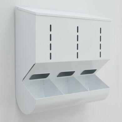 Wall-mounted, gravity-fed glove dispenser, 3-chambers, powder-coated steel | 4951-32-2-PC displayed