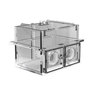 Vacuum glovebox features a fully removable top lid for easy transfer of large part  |  3306-79 displayed