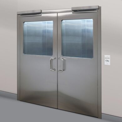 Stainless steel double doors with partial view flush mount windows and ladder style pull handles | 6602-94B displayed