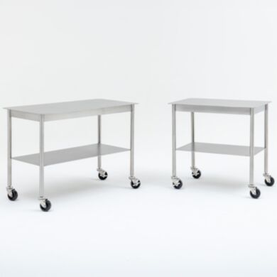 BioSafe® stainless steel instrument tables with lower shelf and rubber casters for reliable transport across sterile environments | 9609-PP-02 displayed