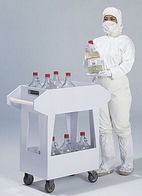 Polypropylene chemical transport cart with 12 compartments to transfer 1-gallon jugs and bottles filled with acids and other corrosives  |  3401-00 displayed