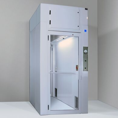 Pressurized cleanroom airlock for personnel with interlocking doors, 2’x 4’ low-energy EC fan filter unit, room-side replaceable HEPA filter  |  6010-17A-PAL displayed