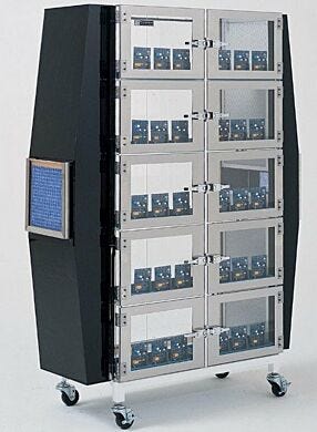 Show as an inlet and exhaust filter/blower 10 chambers cabinet with optional stand and casters  |  6082-27A displayed