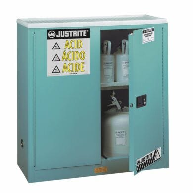 Corrosive Storage by Justrite features two manual stainless steel doors with 3-point stainless steel bullet latching system  |  2820-09A displayed