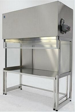 Stainless Steel Explosion-Proof Ductless Hood shown with optional work table and explosion-proof light  |  2400-14 displayed