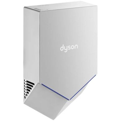 Hand dryer by Dyson with polycarbonate construction and nickel finish features HEPA filtration while being ADA compliant | 3333-03 displayed